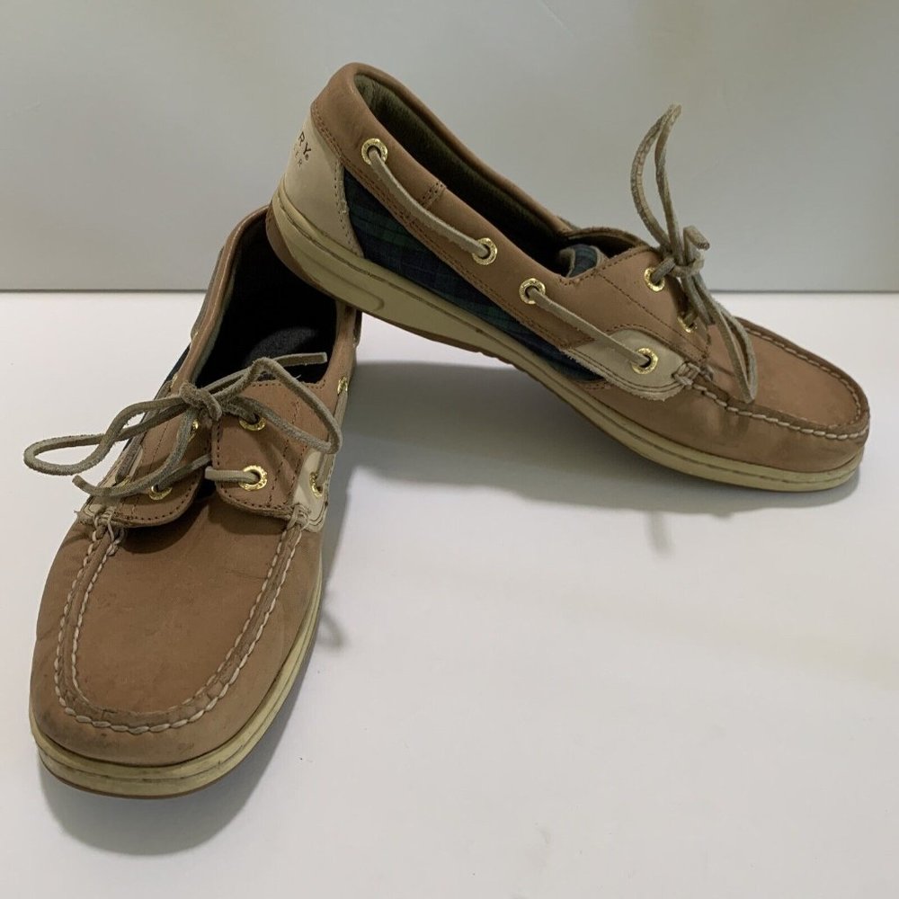 Sperry Women’s Top Sider Boat Shoes 9.5 M Brown Beige Tan Plaid Comfortable RARE